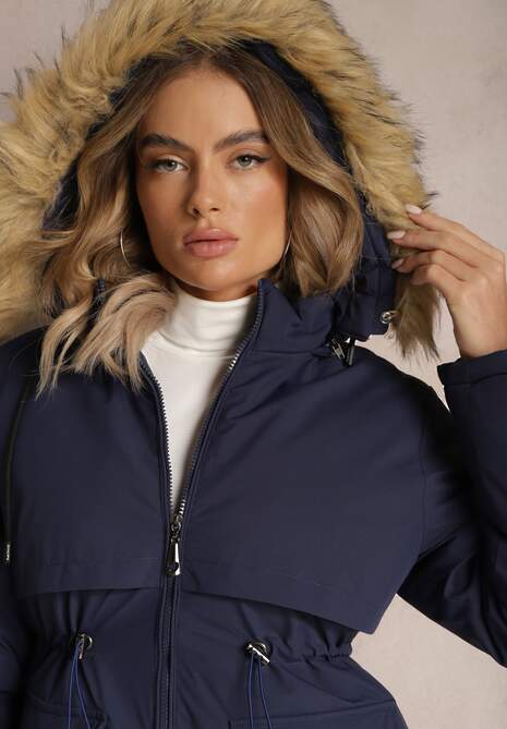 Granatowa Kurtka Parka z Odpinanym Kapturem i Futerkiem Veazee