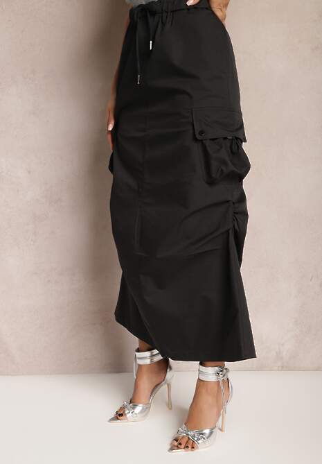 Czarna Marszczona Spódnica Midi w Stylu Cargo z Gumką w Talii Gacieam
