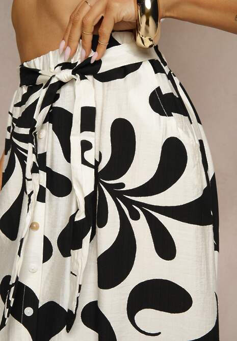 Biało-Czarna Wiskozowa Spódnica o Rozkloszowanym Kroju z Wiązanym Paskiem i Guzikami Zimela
