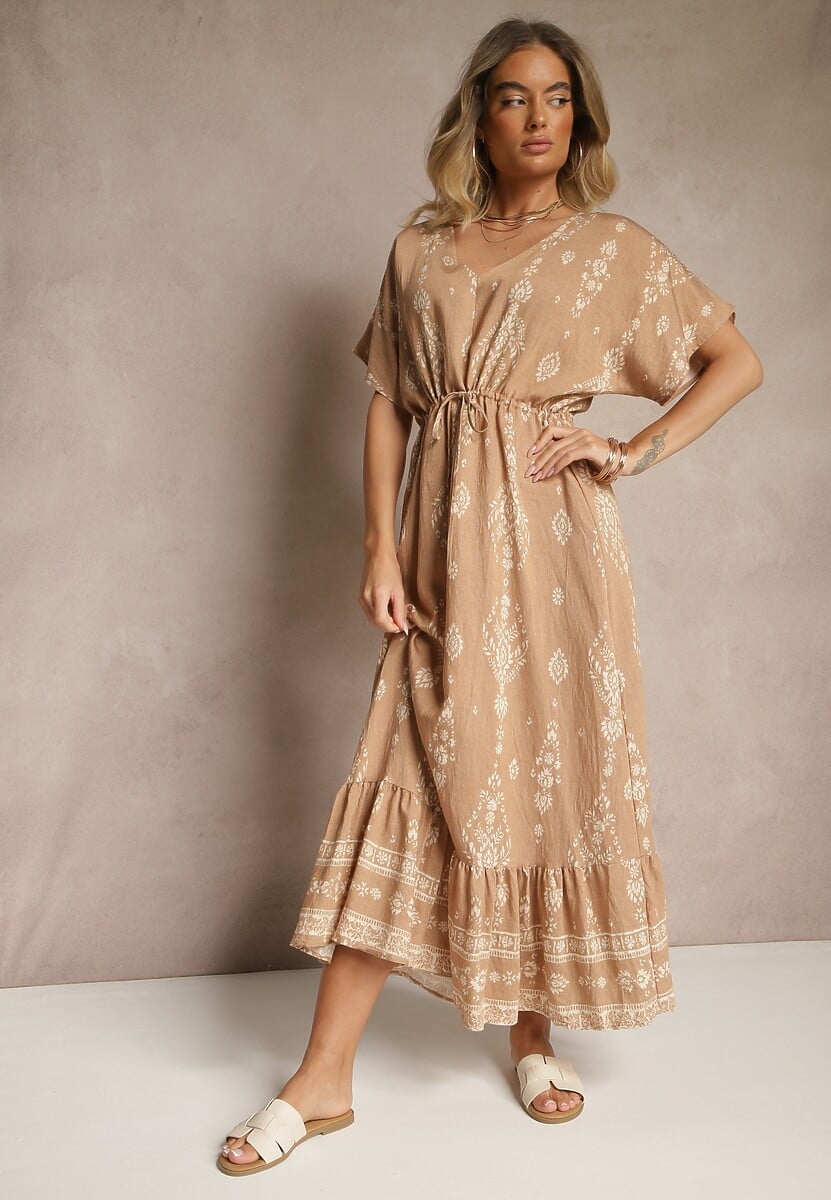 Ciemnobeżowa Rozkloszowana Sukienka z Falbanką w Print Boho z Wiskozą Tunova