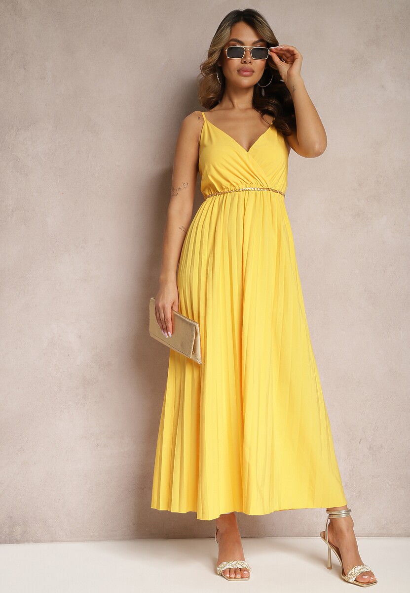 Żółta Długa Sukienka Kopertowa o Rozkloszowanym Kroju na Ramiączkach Kaemera