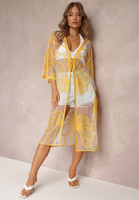 Żółta Przezroczysta Narzutka z Haftem i Wiązaniem w Pasie Miri