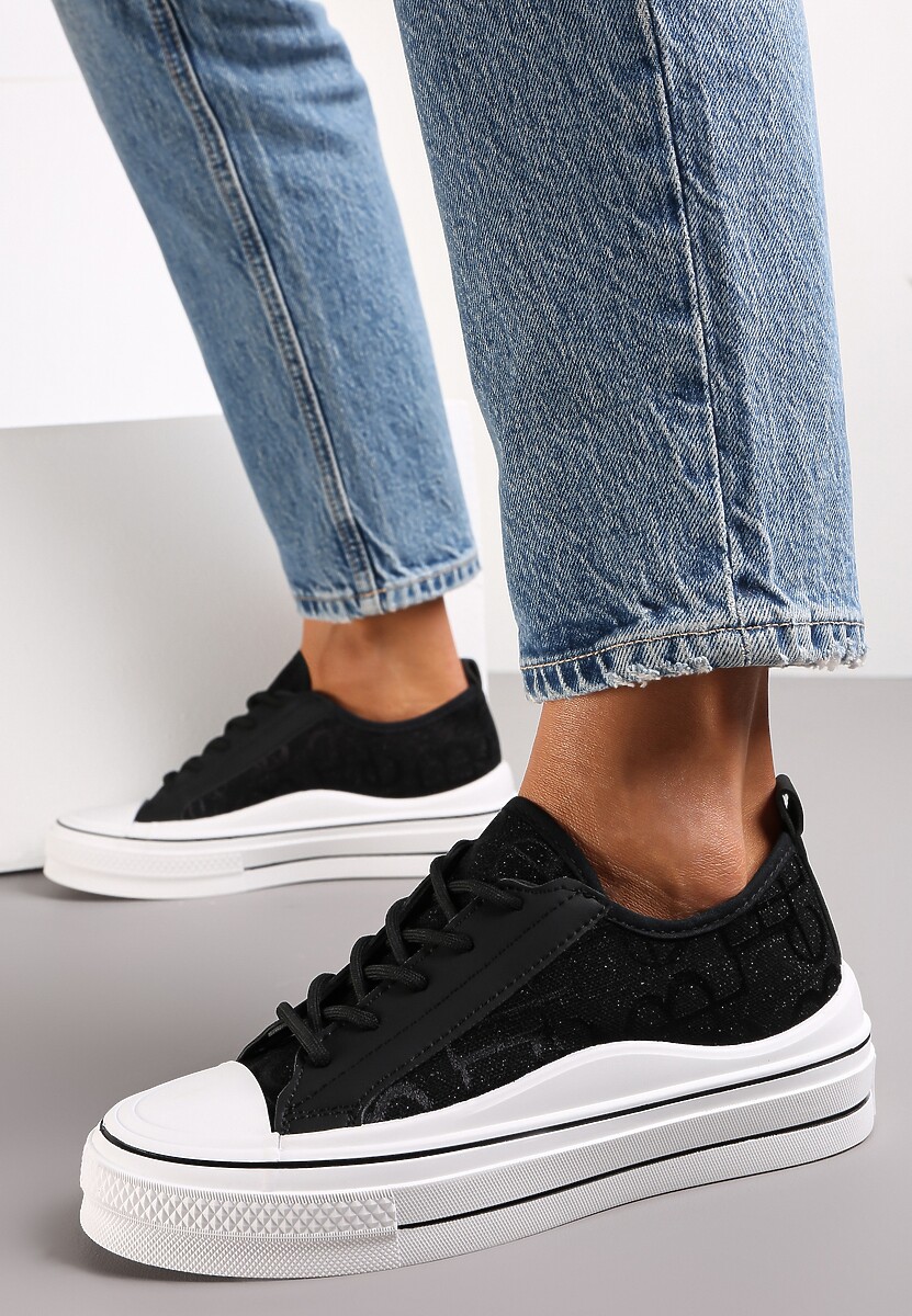 Czarne Brokatowe Trampki na Grubej Podeszwie przed Kostkę Ariu