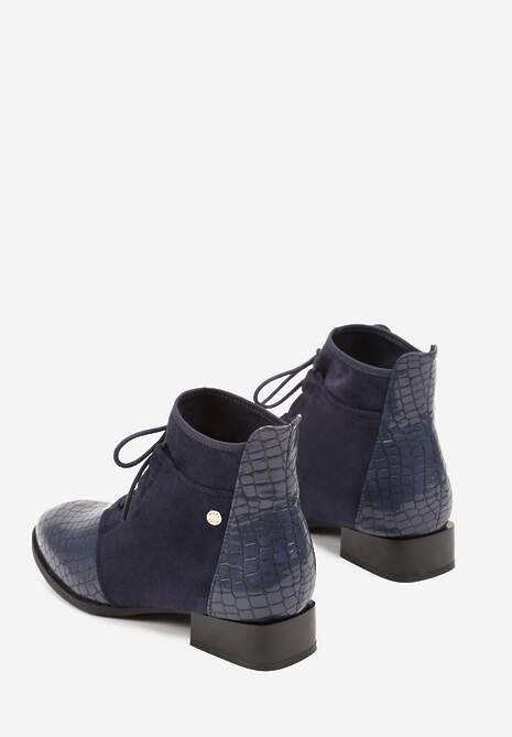 Granatowe Sznurowane Botki do Kostki Vices Zdobione Tłoczeniem Skóry Węża Wedvire