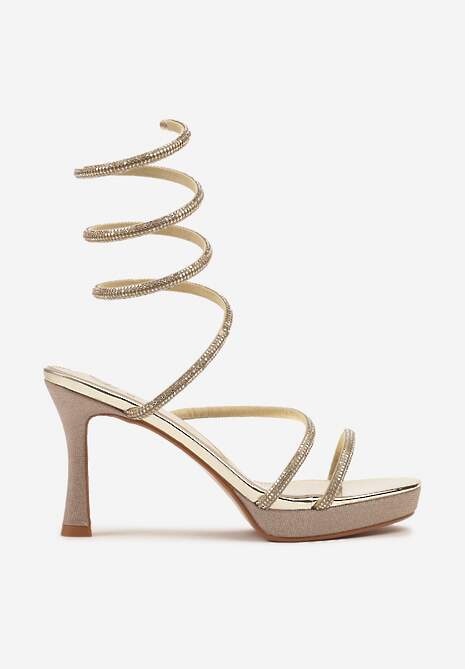 Złote Brokatowe Sandały Rzymianki na Obcasie Zdobione Cyrkoniami Pasamira