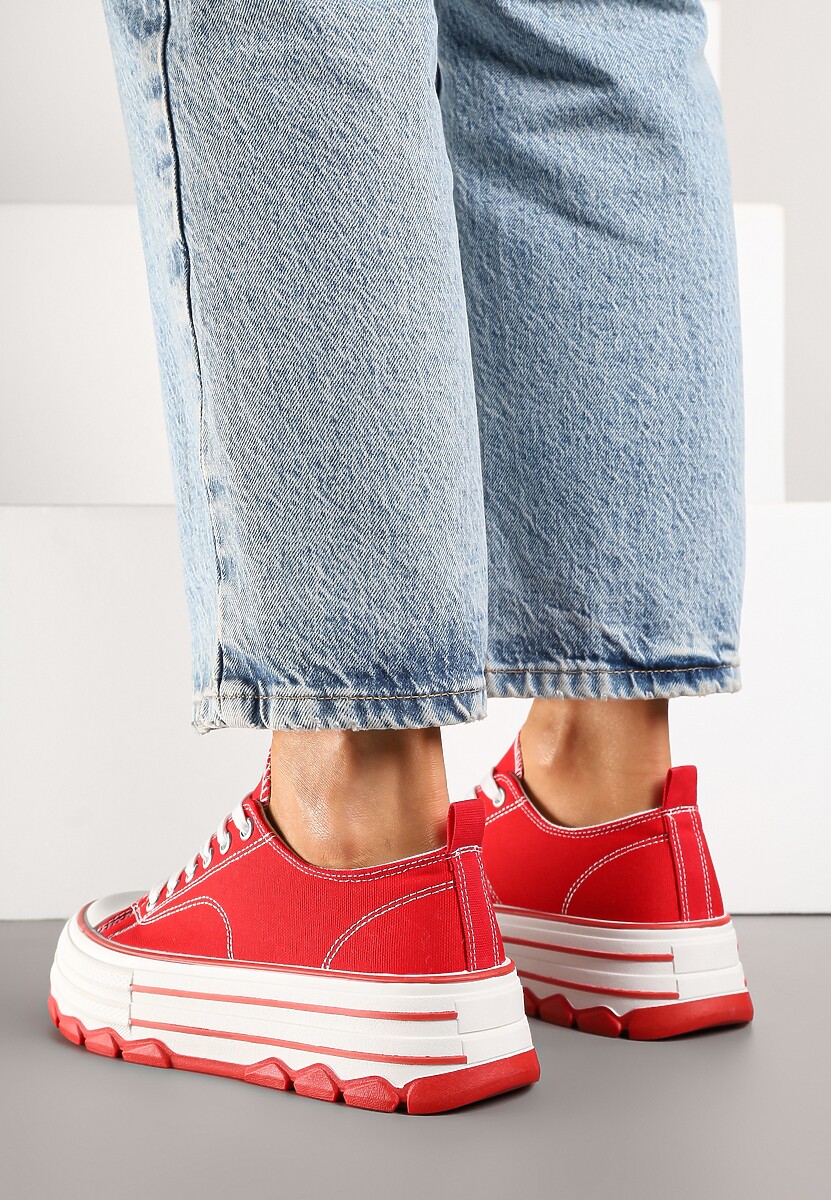 Czerwone Trampki na Platformie z Paskami i Niską Cholewką Zienelle