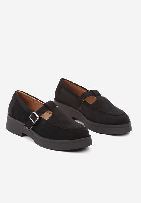Czarne Mokasyny na Płaskiej Podeszwie Wykończone Paskiem ze Sprzączką Rexinda