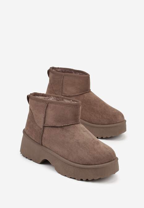 Brązowe Śniegowce z Imitacji Zamszu o Wsuwanym Fasonie na Platformie Reilessa
