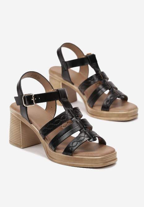 Czarne Sandały na Obcasie z Ozdobnymi Paskami Zapinane na Sprzączkę Vathalia