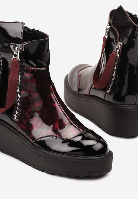 Czarno-Czerwone Botki Lakierowane Vices na Koturnie i Platformie Ozdobione Suwakiem Gattie