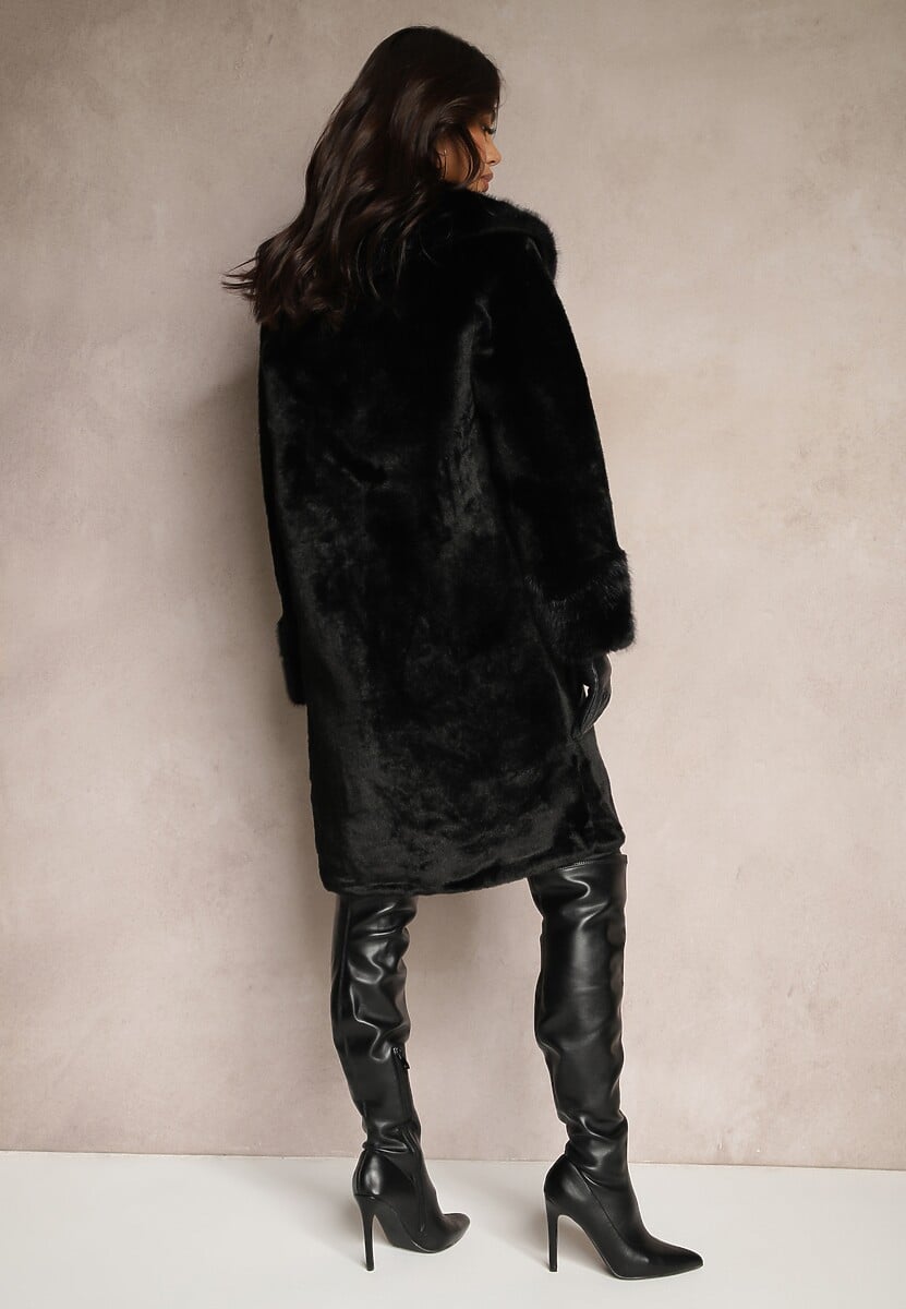 Czarna Kurtka Futro o Długim Kroju z Wiskozą Ninnarlia