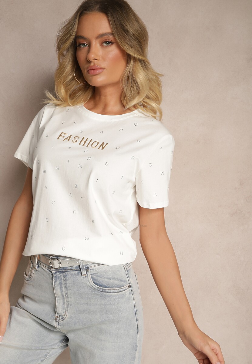 Czarny Bawełniany T-shirt Ozdobiony Napisem i Cyrkoniami Nalavenna