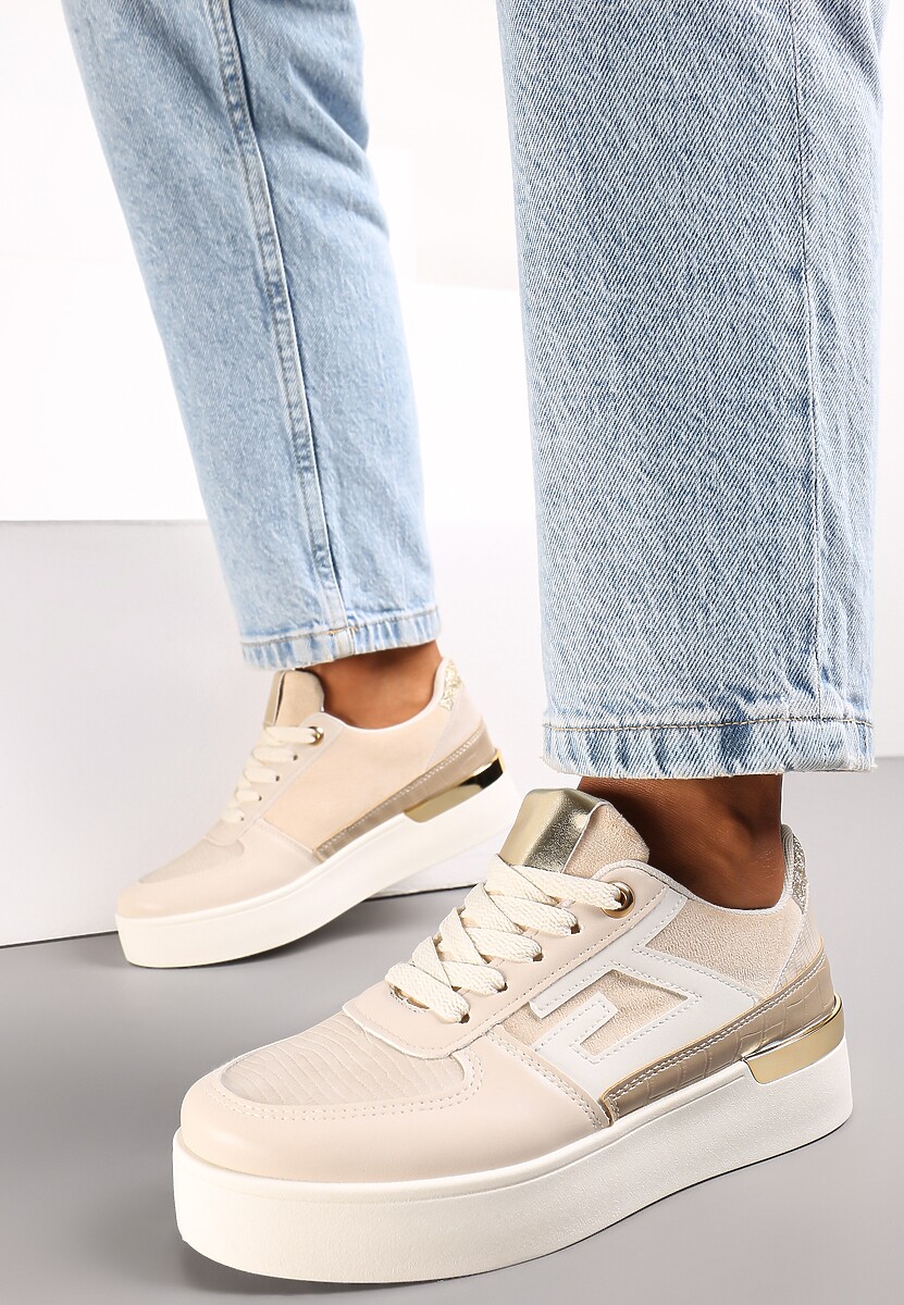 Beżowe Sznurowane Sneakersy na Grubej Podeszwie z Metaliczną Wstawką Faeline