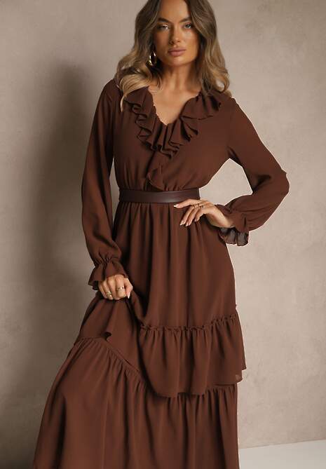 Brązowa Rozkloszowana Sukienka VICES z Falbanami i Transparentnymi Rękawami Aruvite