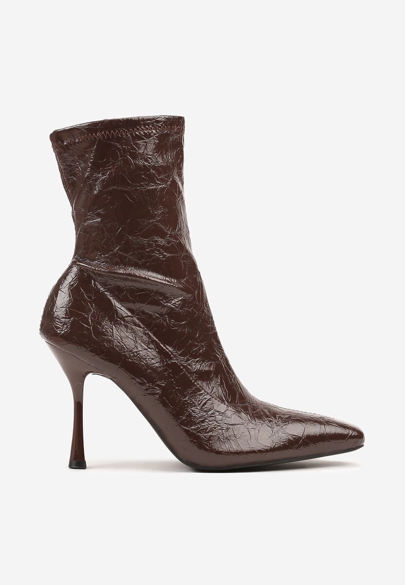 Brązowe Tłoczone Botki do Kostki Vices na Szpilce w Eleganckim Stylu Tadvire