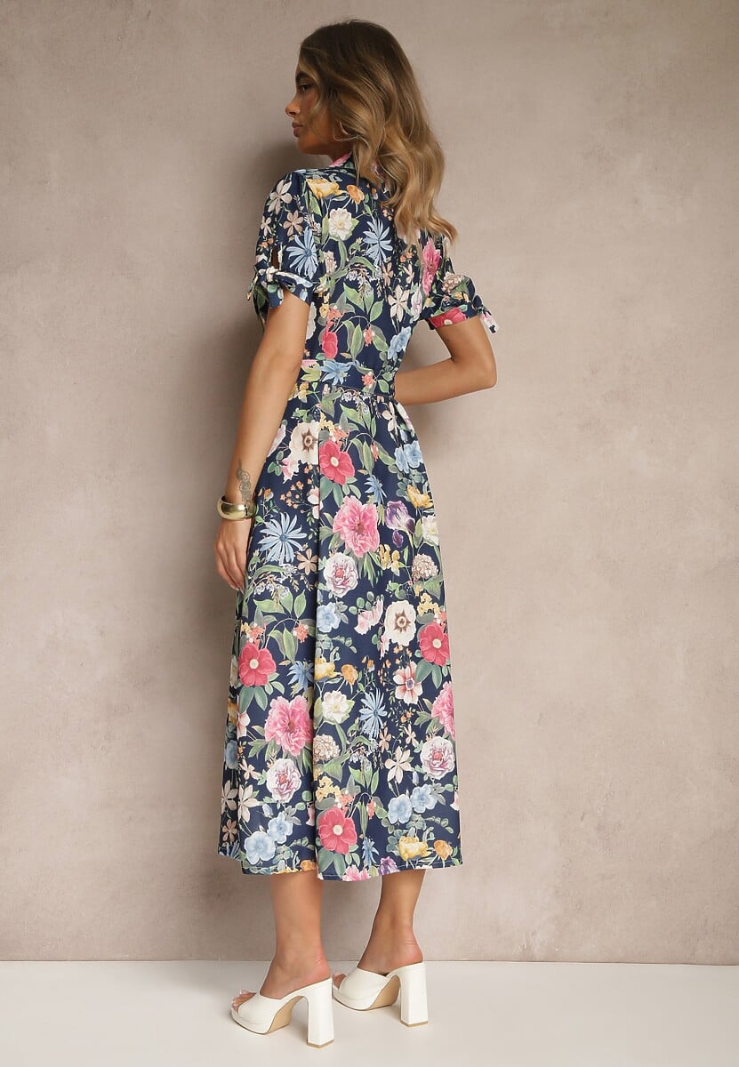 Granatowa Koszulowa Sukienka w Kwiaty o Rozkloszowanym Fasonie z Paskiem Fevalirra
