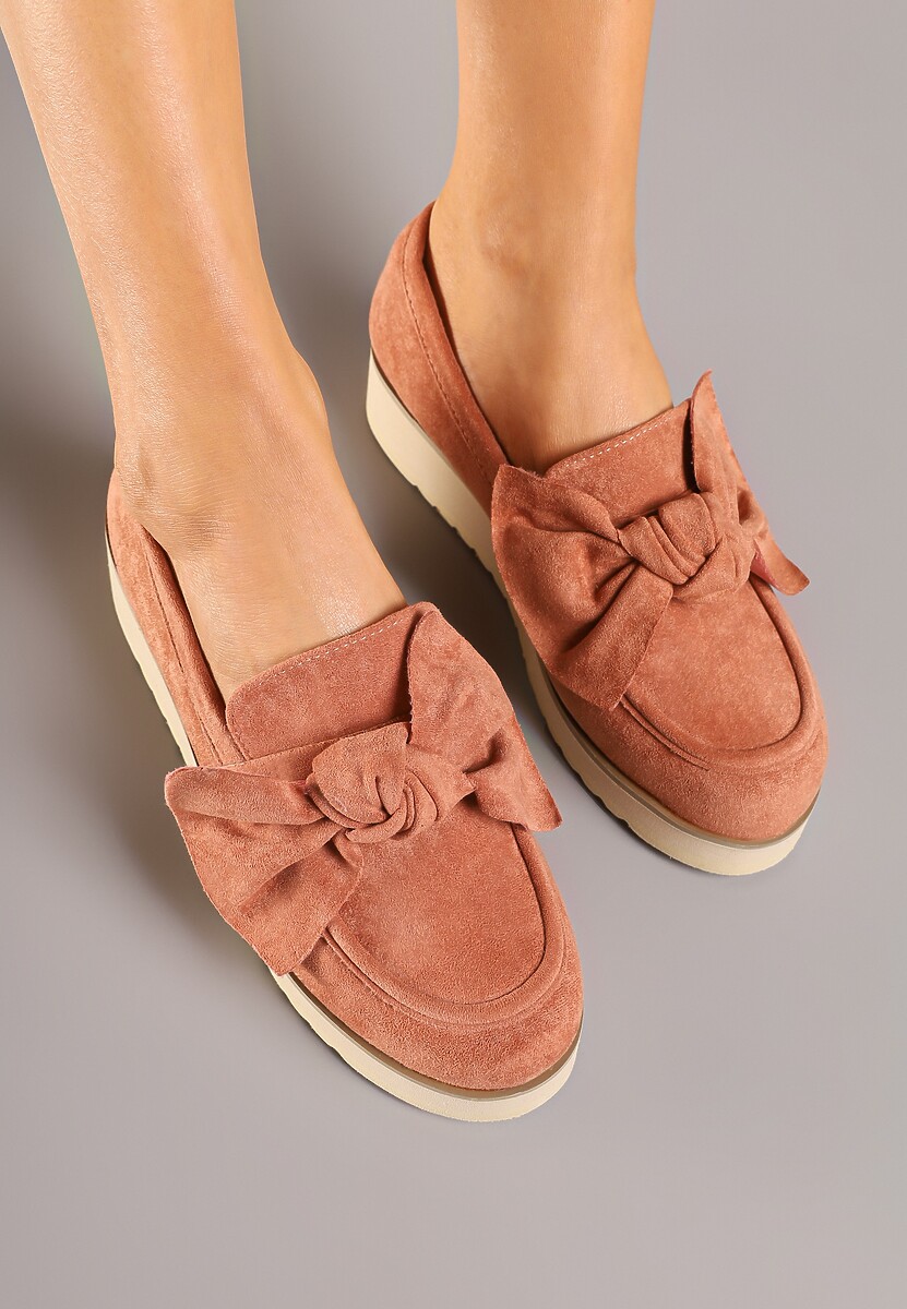 Różowe Mokasyny z Ekozamszu na Niskiej Platformie z Ozdobną Kokardą Nusalena