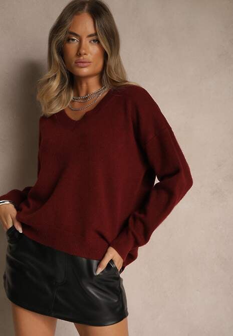 Bordowy Sweter z Wiskozy Oversize Conime