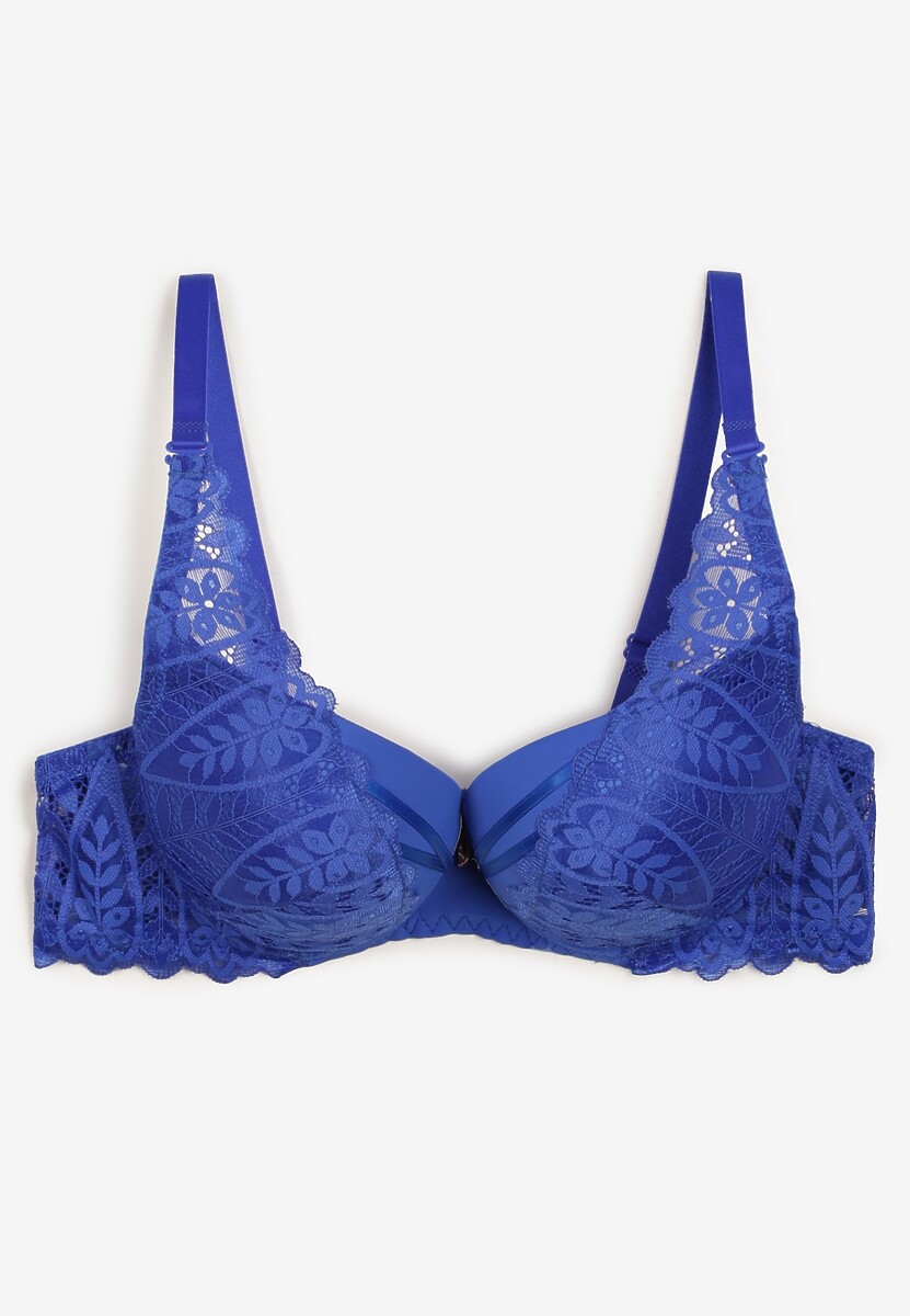 Granatowy Biustonosz z Efektem Push Up Ozdobiony Koronką Ivmeria