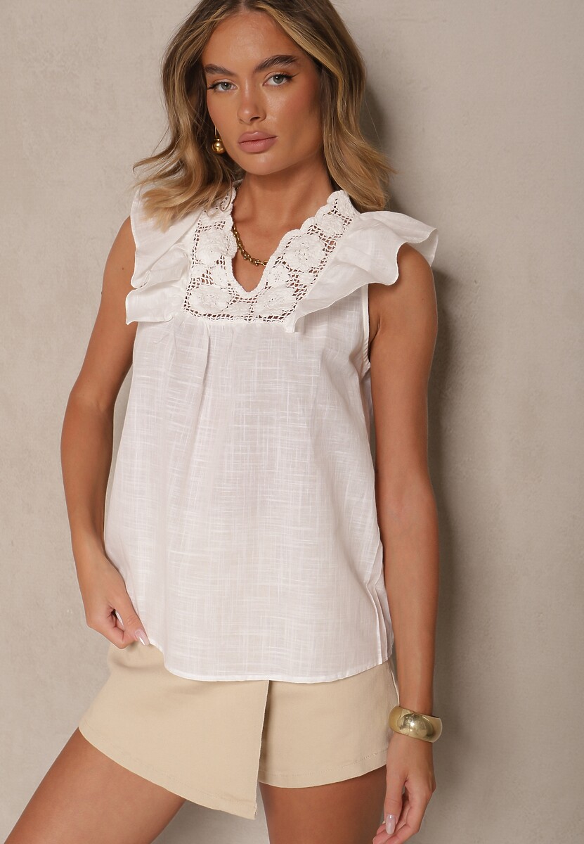 Biała Bluzka z Bawełny z Lnem Falbankami i Haftem Ziarinda