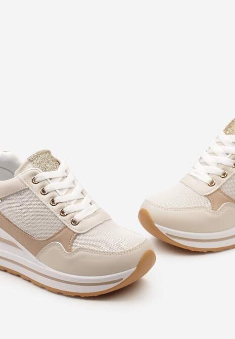 Beżowe Sneakersy na Niskiej Platformie ze Wstawkami Brokatowymi Gwenoa