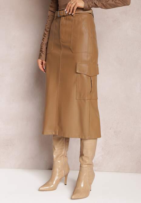 Beżowa Spódnica Midi z Imitacji Skóry Paskiem i Kieszeniami Cargo Edvardisa