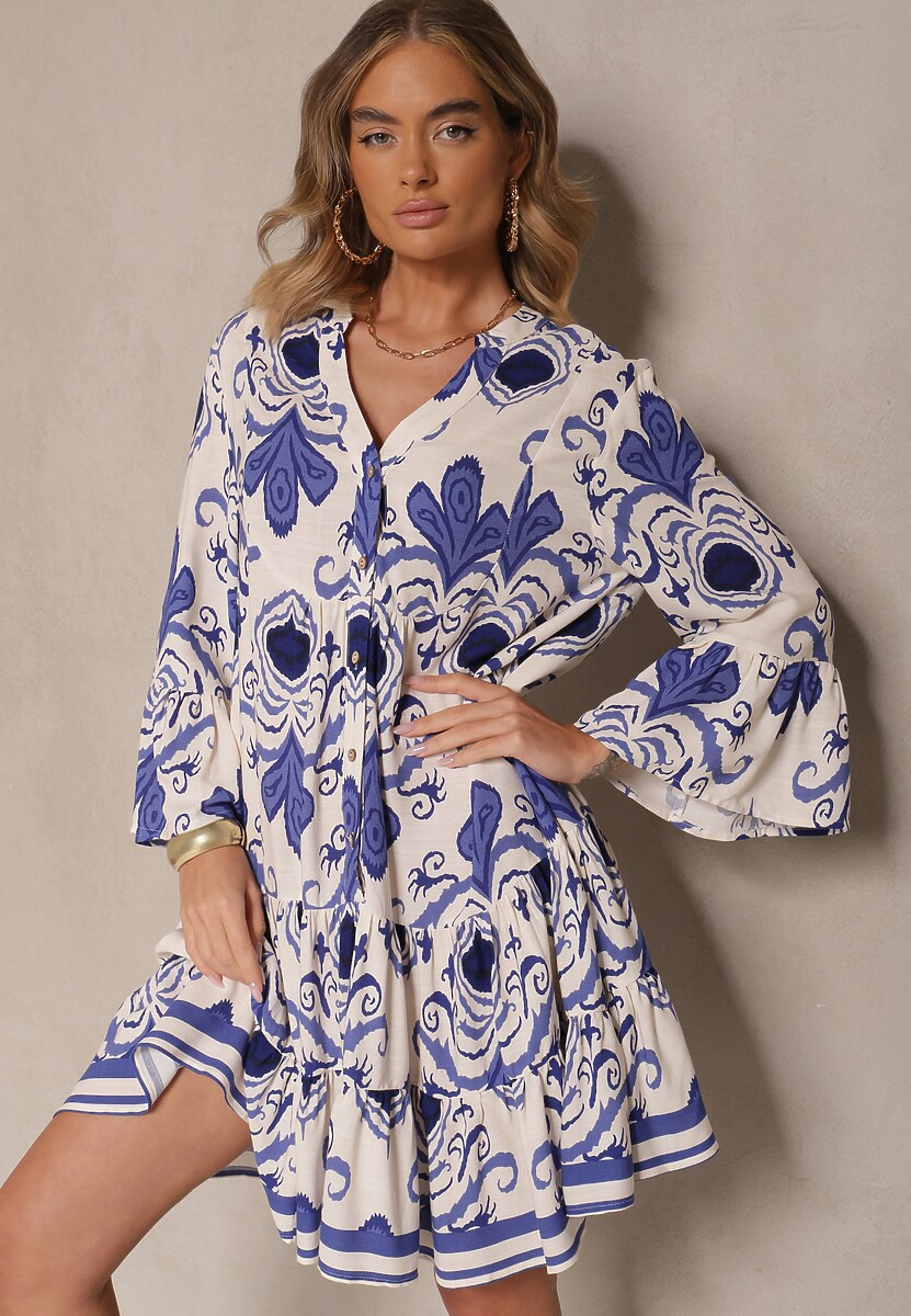 Niebieska Rozkloszowana Sukienka z Wiskozy Zdobiona Etnicznym Printem Pasiretia