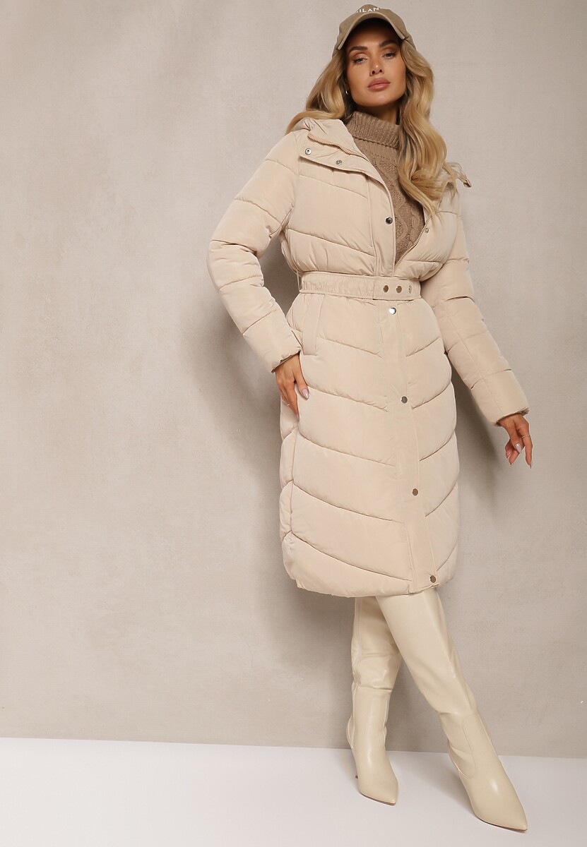 Jasnobeżowa Długa Kurtka Pikowana z Kapturem i Paskiem Verrina