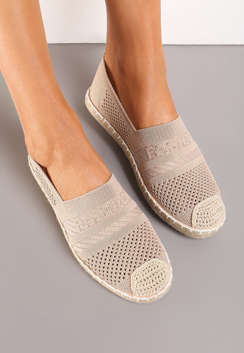 Ciemnobeżowe Espadryle z Plecioną Cholewką przed Kostkę Mokosa