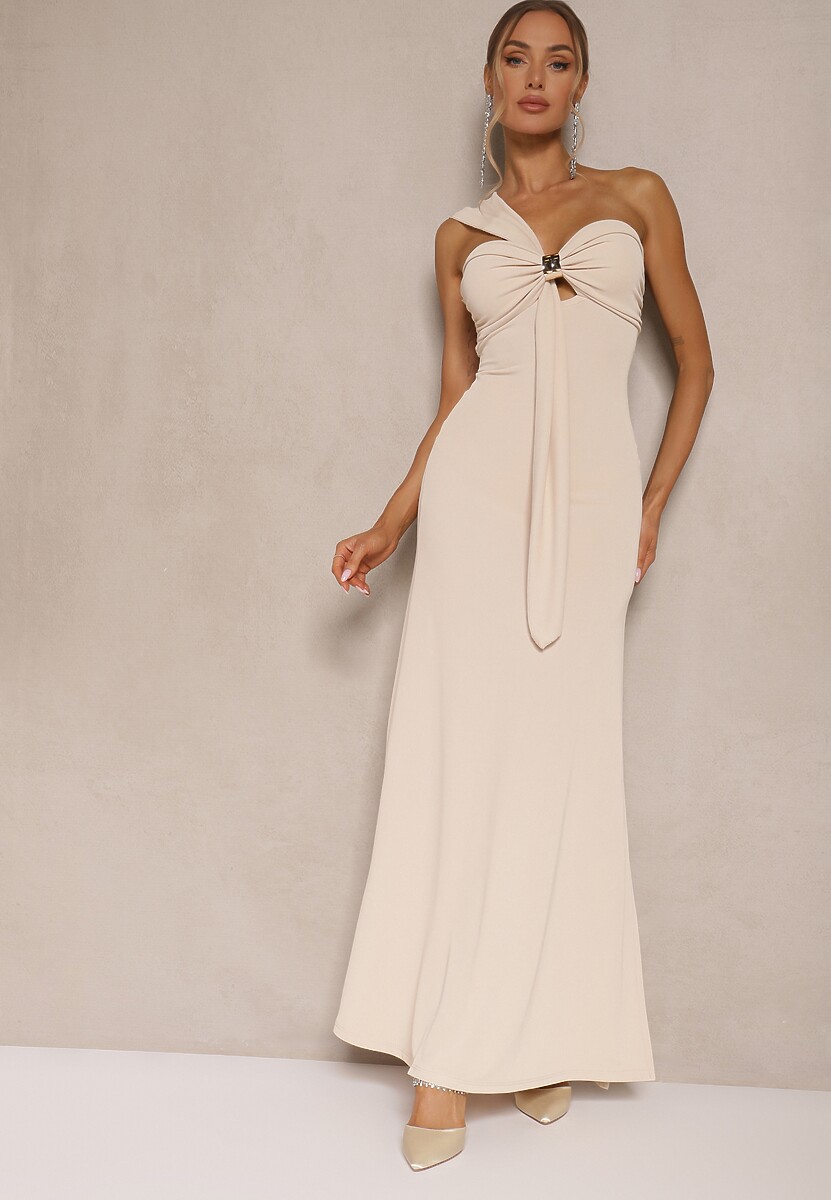 Beżowa Asymetryczna Sukienka Koktajlowa Ozdobiona Metaliczną Aplikacją Divianis