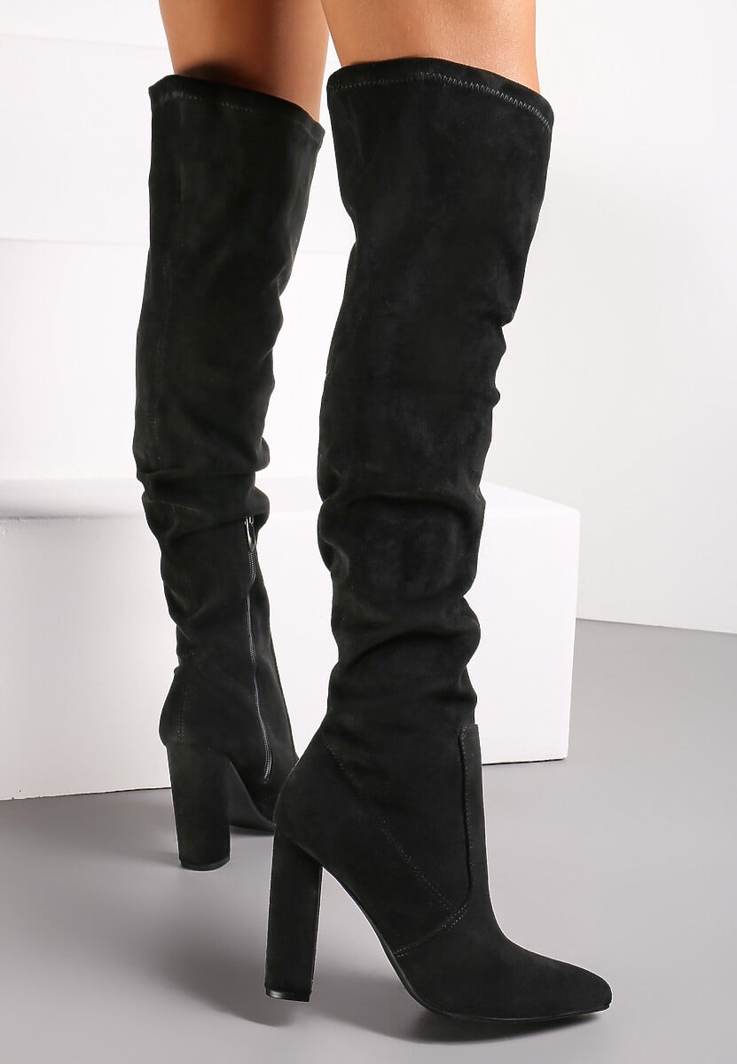 Czarne Dopasowane Kozaki za Kolano na Słupku Bellami