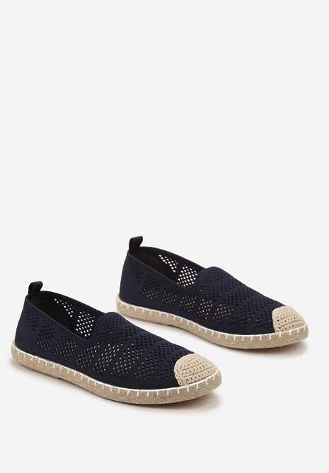 Granatowe Ażurowe Espadryle Ozdobione Plecionką na Podeszwie i Nosku Tarniesa