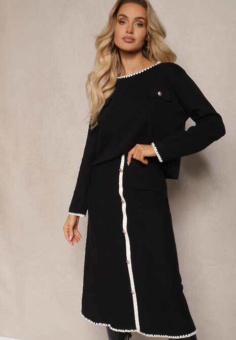 Czarny Komplet z Wiskozą Spódnica z Guzikami Sweter Ozdobiony Kieszonkami Melotha