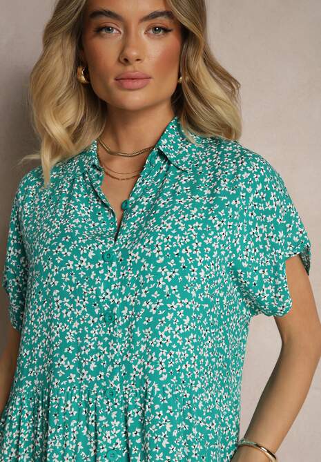 Ciemnozielona Koszulowa Sukienka z Bawełny w Kwiaty o Rozkloszowanym Fasonie Sarilon
