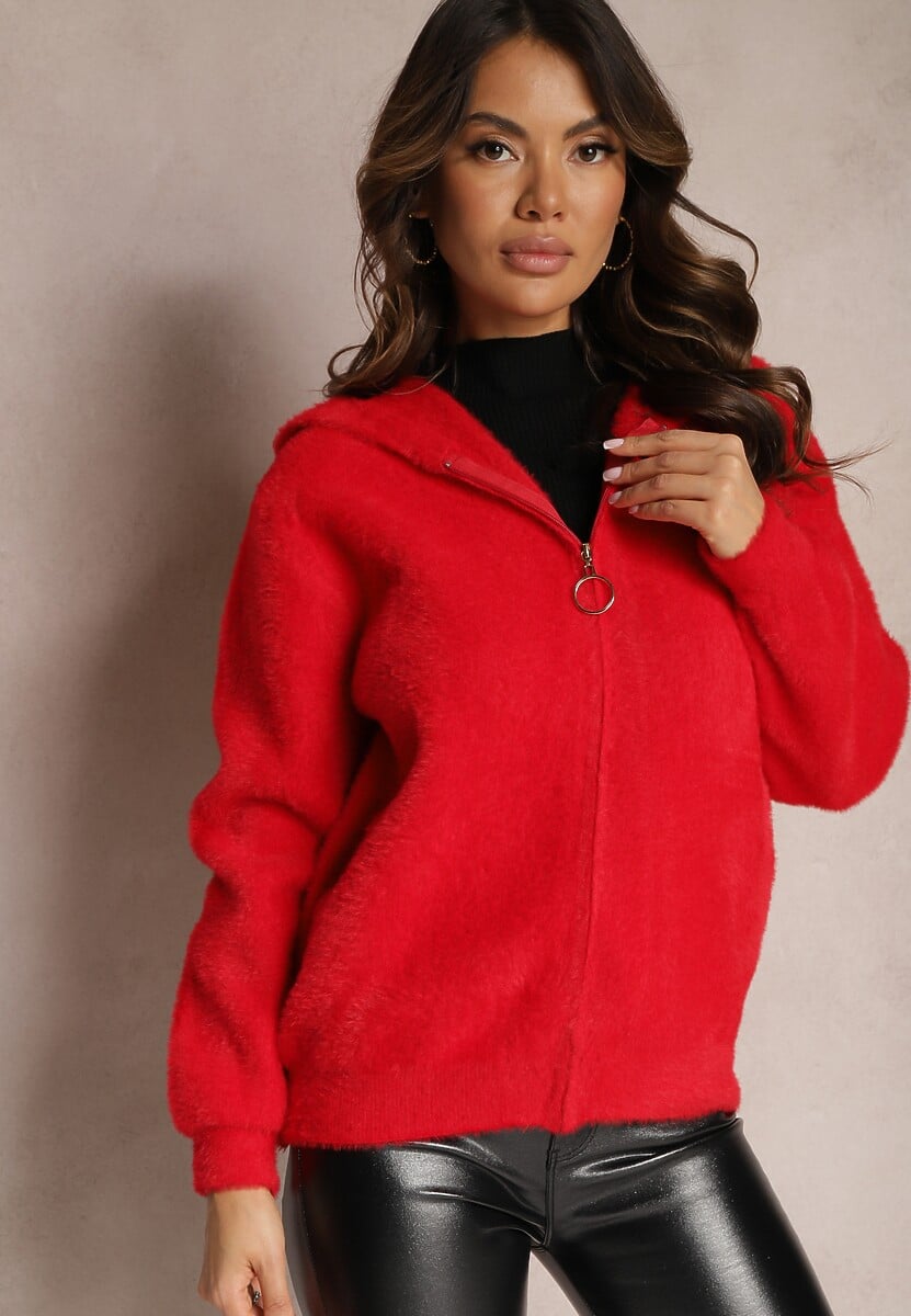 Czerwony Zasuwany Kardigan Wełniany z Kapturem Aniole