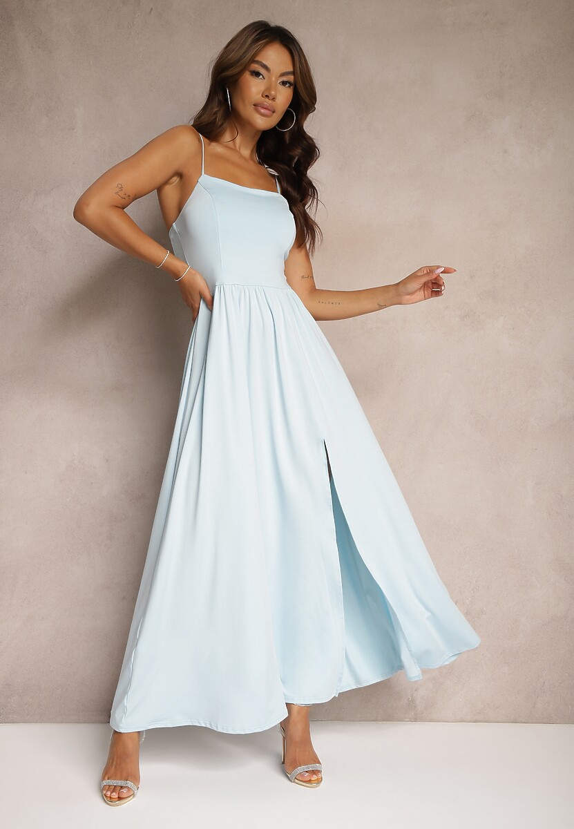 Czarna Rozkloszowana Sukienka Maxi na Cienkich Ramiączkach z Rozporkiem Weslyn