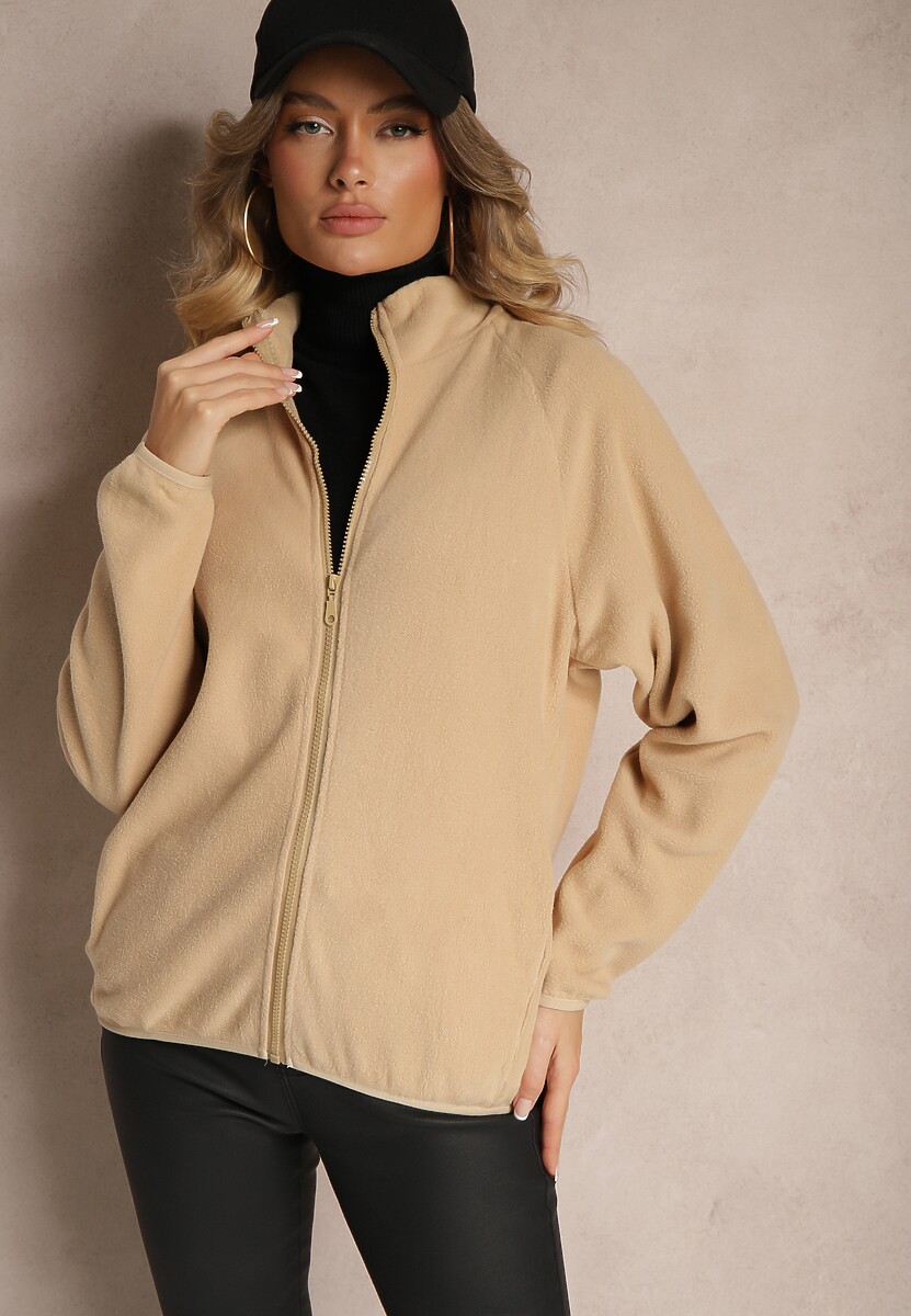 Beżowa Bluza Polar z Zapięciem na Suwak Kieszeniami i Stójką Esandria