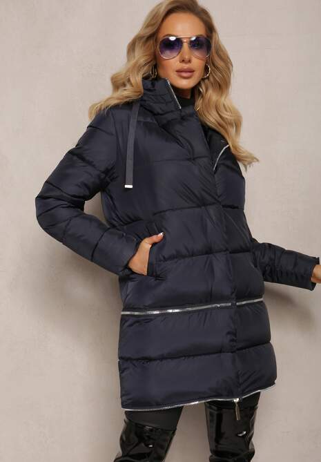 Granatowa Pikowana Kurtka Płaszcz z Kapturem i Regulowaną Długością Tirilele