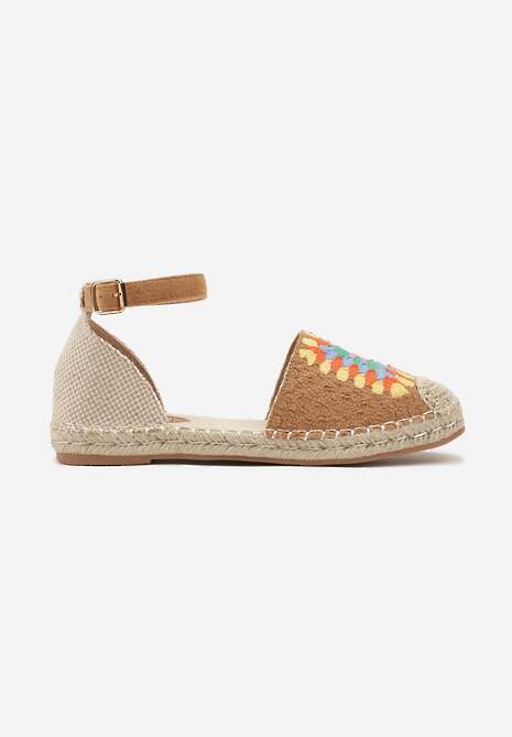 Brązowe Espadryle na Płaskiej Podeszwie Zapinane na Sprzączkę z Plecioną Podeszwą Laveda