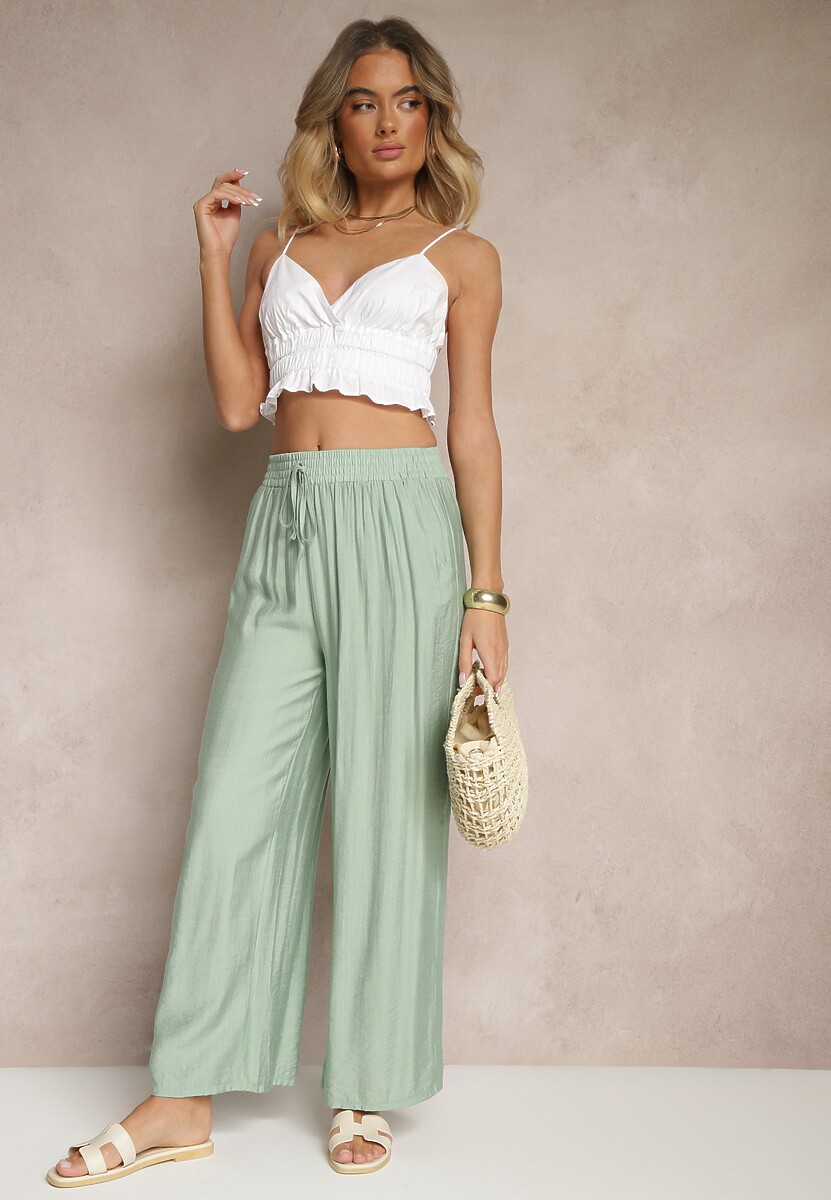 Beżowe Spodnie Typu Palazzo o Szerokim Kroju High Waist Ozdobione Wiązaniem Yaslevia