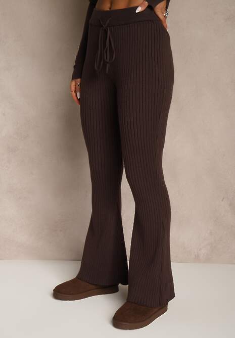 Brązowe Spodnie Dzwony z Wiskozą High Waist Tusrima
