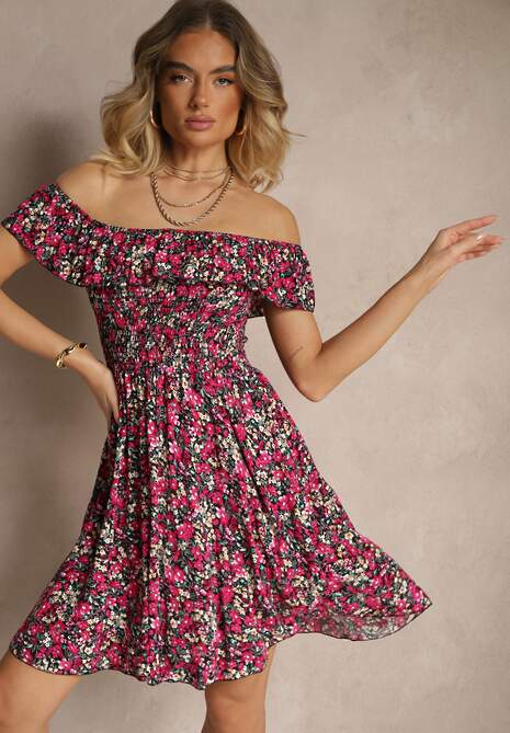 Czarna Bawełniana Sukienka Hiszpanka  w Kwiaty z Falbankami Nairavie