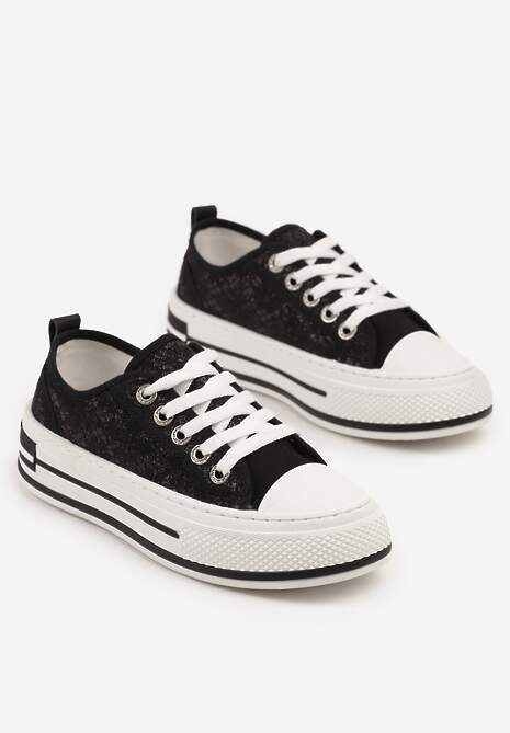 Czarne Trampki na Platformie z Niską Cholewką i Koronką Jenalora