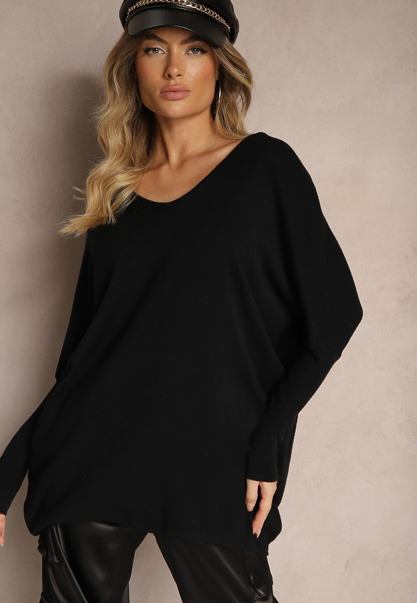 Czarna Nietoperzowa Bluzka z Dzianiny z Wiskozą z Dekoltem i Cyrkoniami na Plecach Vailune