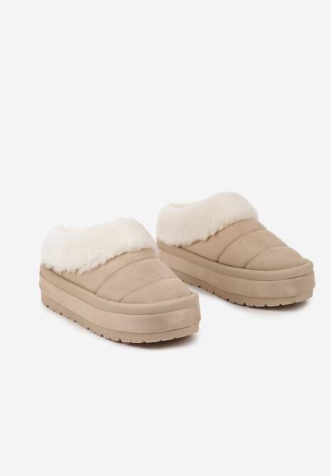 Beżowe Wsuwane Śniegowce na Platformie Ozdobione Futerkiem Sinthiana