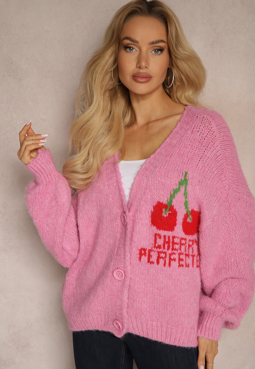 Fuksjowy Kardigan z Domieszką Wełny z Napisem i Wiśnią Benana