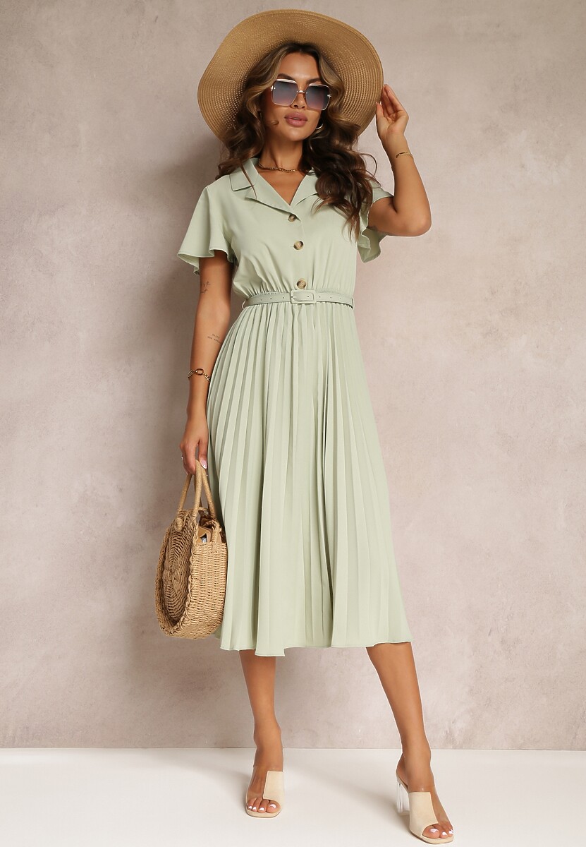 Zielona Retro Sukienka Midi z Plisowaniem i Paskiem na Klamrę Elinerise