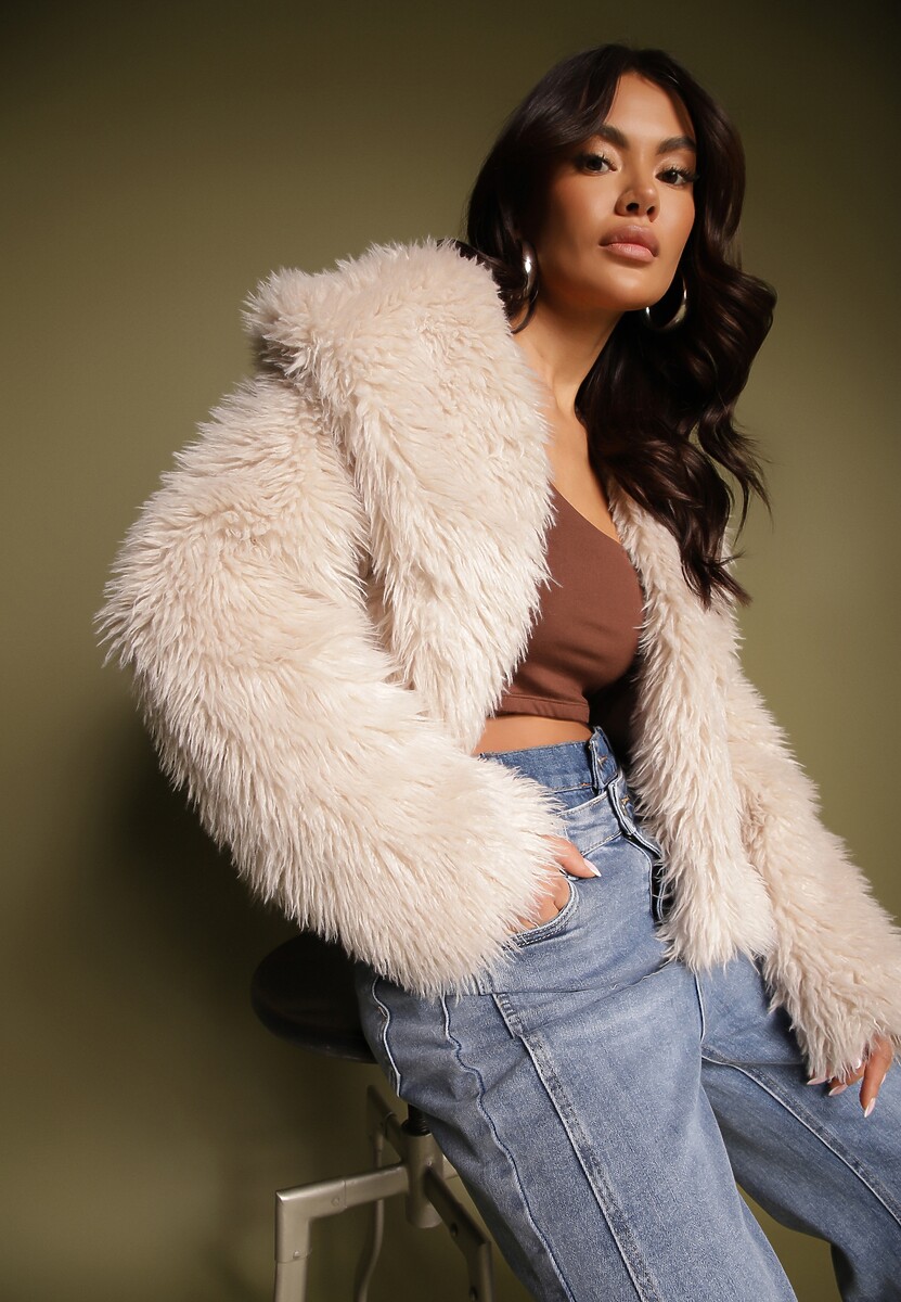 Bordowa Krótka Kurtka Futerko z Szerokim Kołnierzem Areti