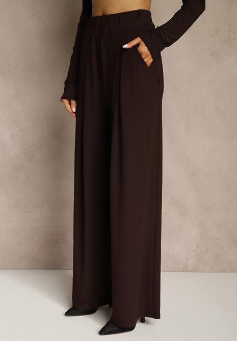 Brązowy Elegancki Komplet Spodnie Wide Leg i Bluzka z Poduszkami w Ramionach Sewinea