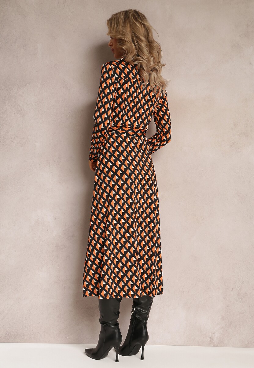 Pomarańczowo-Czarna Sukienka Koszulowa Rozkloszowana Burrus